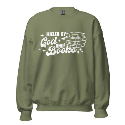 FUELED BY GOD AND BOOKS CREWNECK